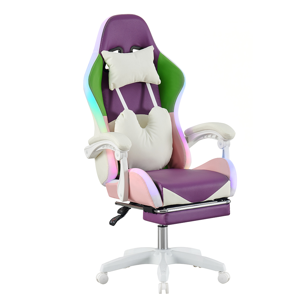 Rgb Gaming Chair - # 人間工学に基づいたフルホワイトPUレザーゲーミングチェア、RGB LEDライト付き、回転式レーシングシート、ホームオフィスPCゲーム用