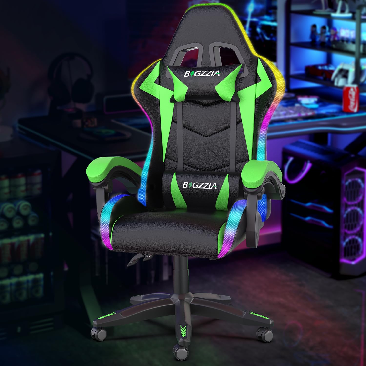 Rgb Gaming Chair - 子供と大人向けのRGB LEDライト付きゲーミングチェア、ヘッドレストとランバーサポート付きハイバック人間工学に基づいたコンピューターゲーマーチェア、カスタム