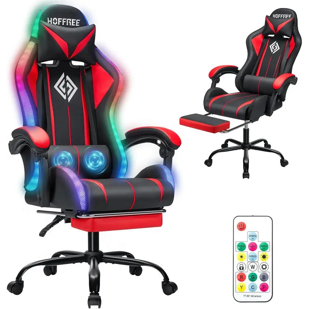 Rgb Gaming Chair - 人間工学に基づいたハイバックゲーミングチェア、LED RGBライト、調節可能なランバーサポート、リンケージアームレスト付き、赤と黒のカラー