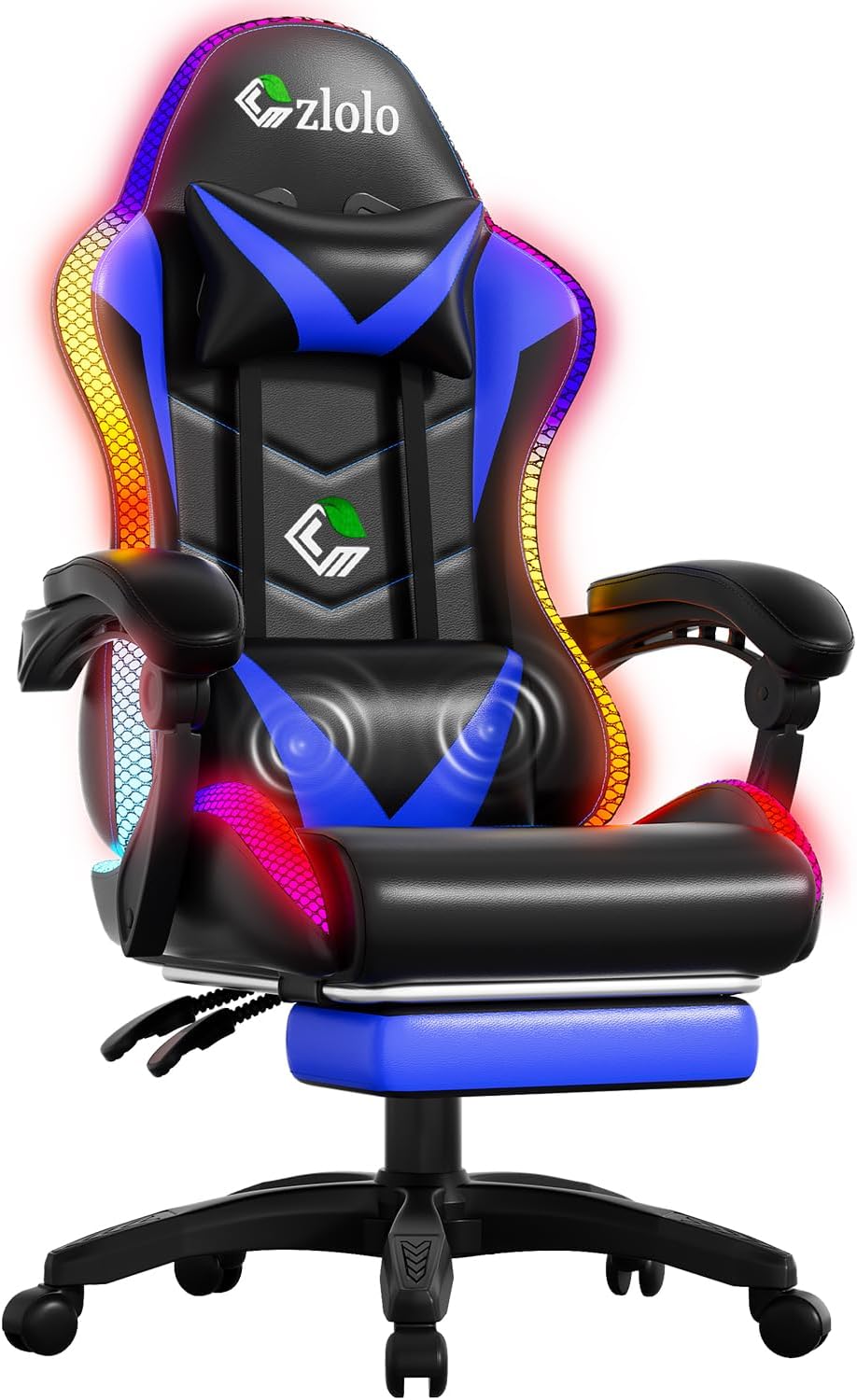 Rgb Gaming Chair - レーシングスタイルRGB LEDゲーミングチェア 大人と子供向け、ハイバックリクライニング、腰椎マッサージ機能付き、フットレスト＆ヘッドレスト、ブラック/ブルー